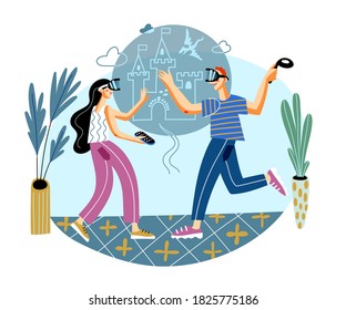 Teens, die Videospiele in Virtual-Reality-Brillen spielen. Social Network Lifestyle Vektorgrafik. Hipster-Schüler mit Geräten.