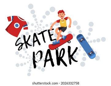 Teens and preteens practicing and learning new tricks in skate park. Boys on boards, improving results and having fun. Sportive hobby of boy, activity and relaxation rest. Vector in flat style