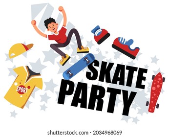 Adolescentes y preadolescentes mostrando habilidades y trucos en la fiesta de patinaje. Skateboarders con equipo y uniforme en competiciones en parque. Deportes y hobby de los niños, tiempo de diversión para los niños. Vector de estilo plano