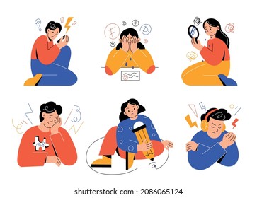 Teens problems. Teenage behavior, unhappy worried girls and boys, tense young people, negative sad emotions, mental distress, people feel depression, vector cartoon flat isolated set