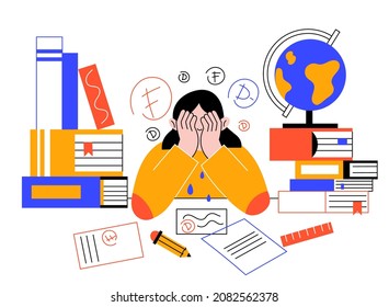 Teens problems. Unhappy student at lessons. Information excessive amount. Stressed girl with books piles and notes. Child doing homework. Poor school grades. Kids troubles. Vector concept