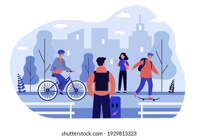 Teens riding bike and skateboarding on bicycle track. Girls and guys meeting in skate park. Flat vector illustration. Outdoor activity concept for banner, website design or landing web page