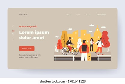 Teens riding bike and skateboarding on bicycle track. Girls and guys meeting in skate park. Flat vector illustration. Outdoor activity concept for banner, website design or landing web page