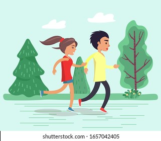 Teens running together in park or forest. Girl and boy jogging, outdoor activity for healthy people. Summer warm weather, beautiful landscape with green trees. Vector illustration of runners in flat