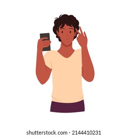 Teens selfie photo vector illustration. Cartoon teenage guy holding mobile phone to take photograph, teenager posing for friends, character showing victory gesture for self portrait isolated on white