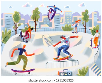 Teens skating on skateboards in park. Happy teenage boys and girls doing healthy exercise at leisure time vector illustration. Young people with boards and moving on railings and steps.