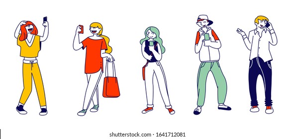 Teens Smartphone Addiction Concept. Young Men and Women Holding Mobile Phones Isolated on White Background. People Chatting, Texting, Reading Newsfeed on Social Media. Cartoon Flat Vector Illustration