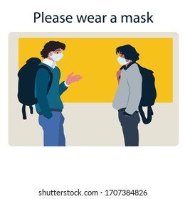 Adolescentes hablan del peligro del coronavirus2019 (covit-19), ilustración de dibujos animados, personajes vectoriales, fondo amarillo-gris