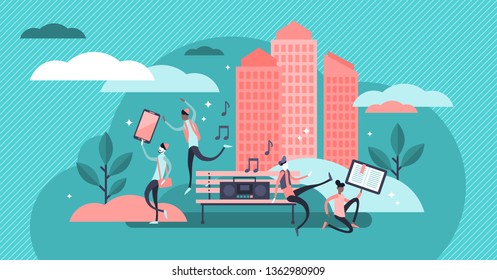 Teens vector illustration. Flat tiny urban youth lifestyle person concept. Trendy multicultural hipster leisure with music, social smartphone and music. Modern and casual outdoor street group activity