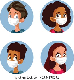 Teens Wearing Face Masks During Pandemic Vector Set. Diverse Group Of High School Kids Wearing Protective Face Masks During Pandemic Outbreak 
