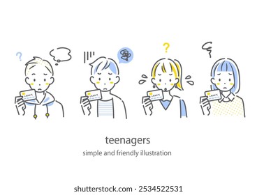 Adolescentes que se sentem inquietos sobre o uso de cartões de crédito - Simples e elegante ilustração de desenho de linha