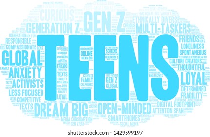Teens word cloud on a white background. 