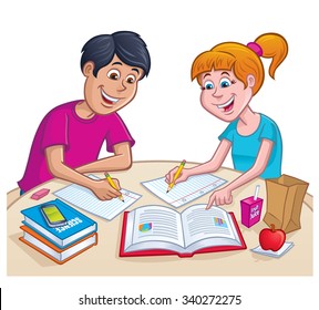 Teens Working On Homework At Lunch Time