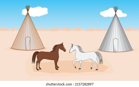 Teepe – Tipi or Teepee The conical tent of native Americans people or Indian with horses drawing in cartoon vector