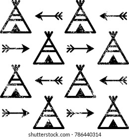 Teepee and arrows seamless vector pattern, Aztec style Indian repetitive design, Native American wallpaper.

Apache tribal scratched background in black and white, grunge style 