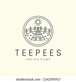 Teepee With Badge And Line Art Style Logo Icon Template Design. Indian,camp, Native, America, Sun, Tree, Vector Illustration