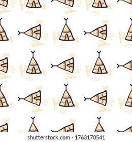 Teepee and cacti seamless pattern isolated on white background. Hand drawn style. Tribal wallpaper. Decorative backdrop for fabric design, textile print, wrapping, cover. Vector illustration