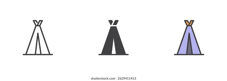 Teepee different style icon set. Line, glyph and filled outline colorful version, outline and filled vector sign. Camping tent symbol, logo illustration. Vector graphics