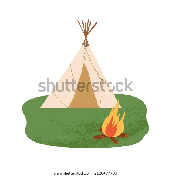 Teepee, lodge or wigwam\
with a bonfire nearby. Traditional camp, tent style handmade home\
for indigenous people, Native Americans. Vector isolated hand-drawn\
illustration.