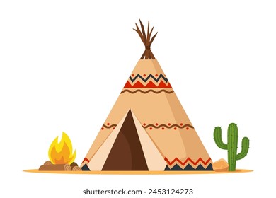 Teepee, lodge or wigwam. Traditional camp, tent style handmade home for indigenous people, Native Americans