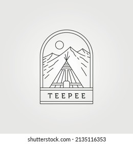 teepee logo vector symbol with mountain background illustration design, line art style