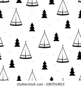 Teepee, native american tent seamless pattern. Wigwams in fir forest. Vector illustration, black and white