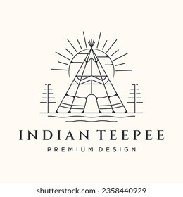 teepee nature line art logo vector minimalist illustration design, natural tipi view symbol design 
