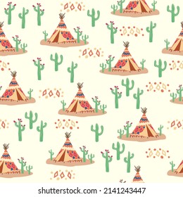 Teepee pattern. Wigwam native american summer tent illustration. Indian background pattern