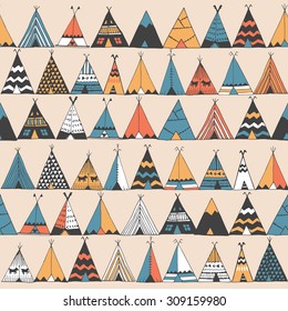 Teepee pattern. Wigwam native american summer tent illustration in vector. Indian background pattern 