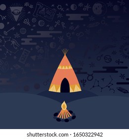Teepee tent and campfire at night, astrology symbols in the sky, vector illustration. Mysterious night in ethnic tribe, ancient beliefs in magic and destiny. Star constellations in sky, tribal tent