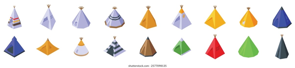 Teepee tent icons set. Collection of colorful wigwams or teepees, showcasing traditional native american dwellings in isometric view