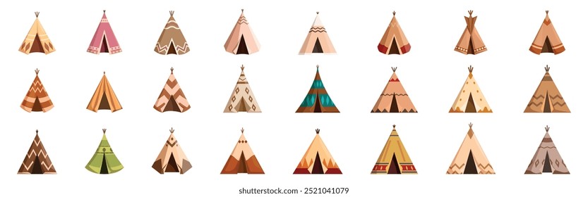 Ícones de tenda de teepee definidos. Conjunto de diferentes tipos de nativas americanas com ornamentos étnicos com forma tradicional para viver fora