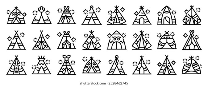 Ícones de tenda de teepee definidos. Conjunto de vários ícones de teepee representando diferentes estilos de tendas nativas americanas tradicionais