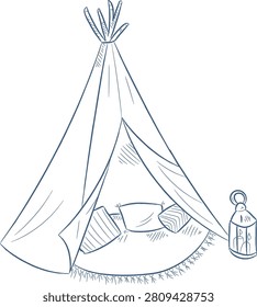 Teepee tent with open flap, pillows, and a lantern drawn in hand sketch lines. Symbol of retreat, coziness, glamping, and outdoor relaxation. Cartoon vector illustration.