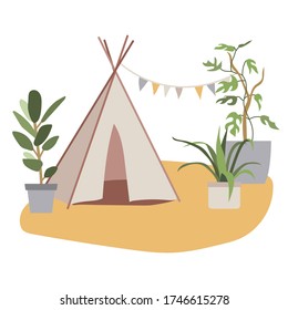 Teepee tent with urban jungle. Living room with wigwam and potted plants. Cozy home concept. Stay at home. Flat vector illustration