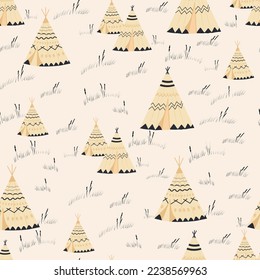 Teepee, tentor wigwam Native American dwelling. Yaranga, chum vector stock illustration. Seamless pattern Wild West.