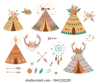 Teepee tents and arrows collection. Native american teepee set, flowers, horns, dreamcather hipster. Kids wigwam tent. Cute summer adventure graphic element isolated. Indian tents Vector illustration.