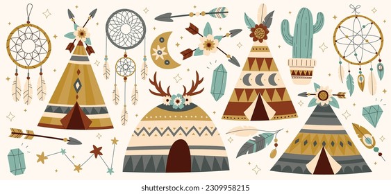 Teepee tents flat illustrations set. Traditional indian conical tent with ornaments, Dream catcher, diamonds, feathers, crossed arrow symbol and cactus. Design elements