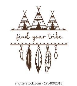 Teepee vector illustration with quote. Tribal design frame with place for text. Native american symbol. Boho style drawing print. Indian sign silhouette. Vintage ornament wigwam.