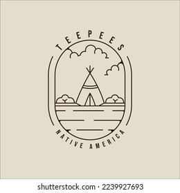 teepees line art logo vector illustration template icon graphic design. traditional indian camp sign or symbol for adventure and wanderlust with badge emblem and typography concept