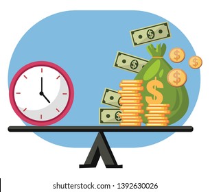 Teeter totter with a clock on one side and money bag and money on the other on white background vector illustration.