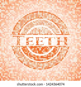 Teeth abstract emblem, orange mosaic background