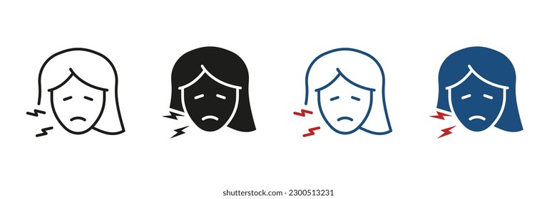 Teeth Ache Black and Color Pictogram Collection. Woman with Dental Pain Symbol Set. Toothache Silhouette and Line Icons. Human Oral Disease, Dentist's Medical Treatment. Isolated Vector Illustration.