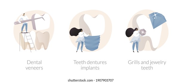 Teeth aesthetics abstract concept vector illustration set. Dental veneers, teeth dentures implant, grills jewelry, celebrity smile, whitening, cosmetic dentistry, orthodontic clinic abstract metaphor.