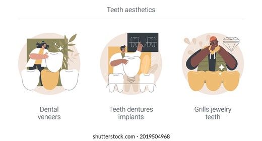 Teeth aesthetics abstract concept vector illustration set. Dental veneers, teeth dentures implant, grills jewelry, celebrity smile, whitening, cosmetic dentistry, orthodontic clinic abstract metaphor.