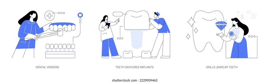 Teeth estética abstracta concepto conjunto de ilustración vectorial. Vendedores dentales, implante de dentaduras dentales, joyas de parrilladas, sonrisa de celebridades, blanqueamiento, odontología cosmética, metáfora abstracta de clínica ortodoncia.