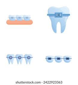 Teeth alignment icons set cartoon vector. Orthodontic brace system on teeth. Orthodontic treatment