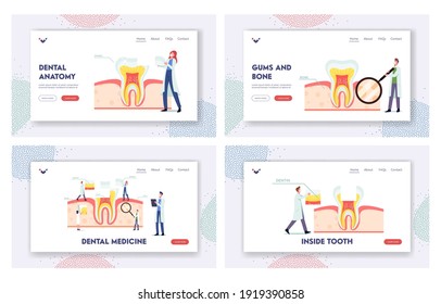 Teeth Anatomy and Structure Landing Page Template Set. Tiny Dentists Characters at Huge Tooth Infographics with Gum, Pulp, Bone, Dentine or Enamel, Medic Aid Poster. Cartoon People Vector Illustration