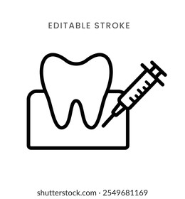 Dentes anestesia ícone vetor. Símbolo da seringa de anestesia dentária dentária ícone de contorno. Traçado editável