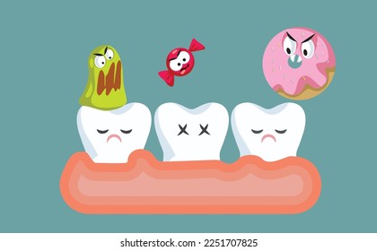 
Teeth Attacked by Dessert Monsters Oral Health Vector Concept Illustration. Unhappy teeth prone to cavities from sugar consumption 
